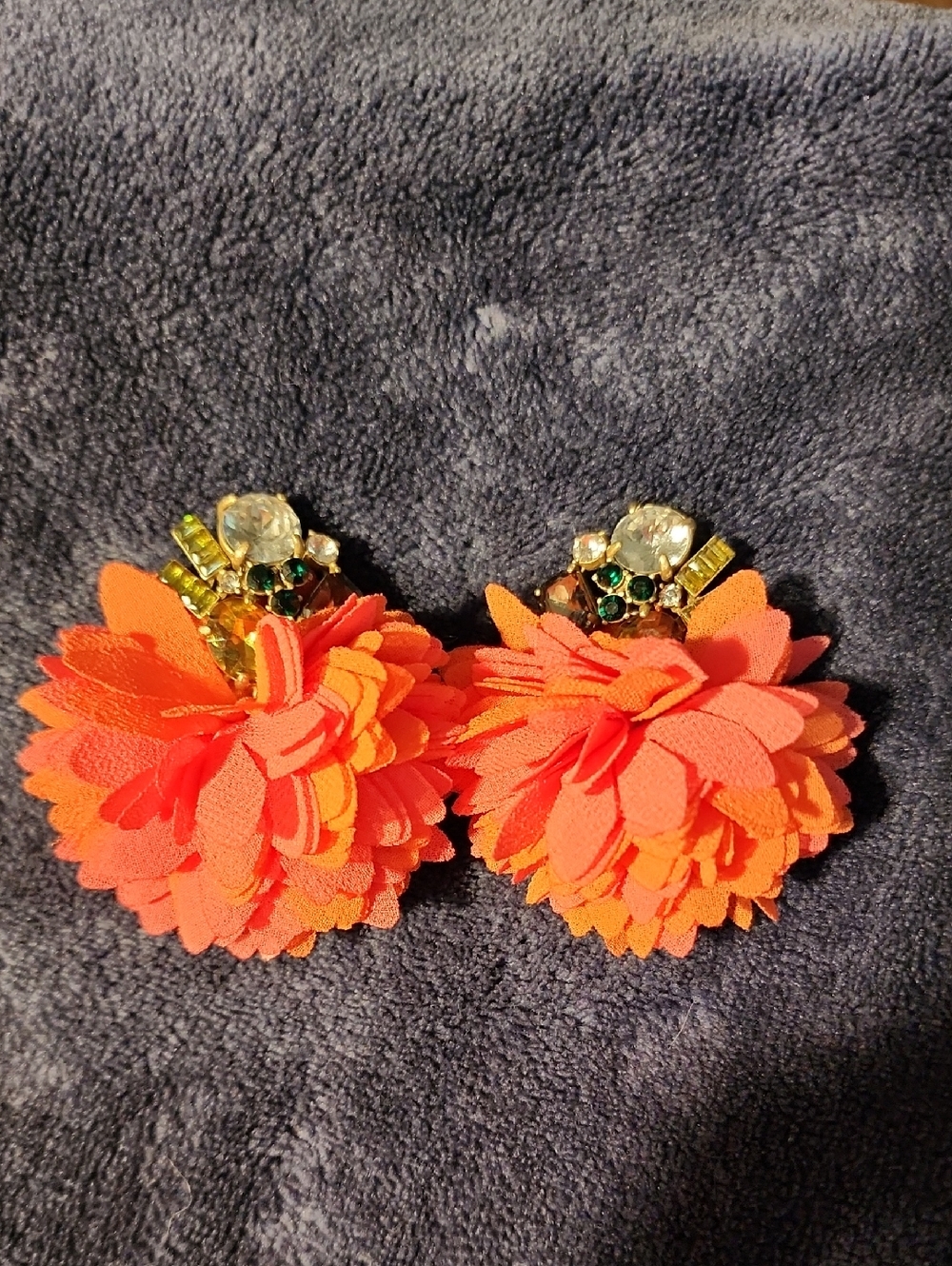 Stella & Dot Pom Pom Drop Earrings - Orange Pink Fabric Blossoms